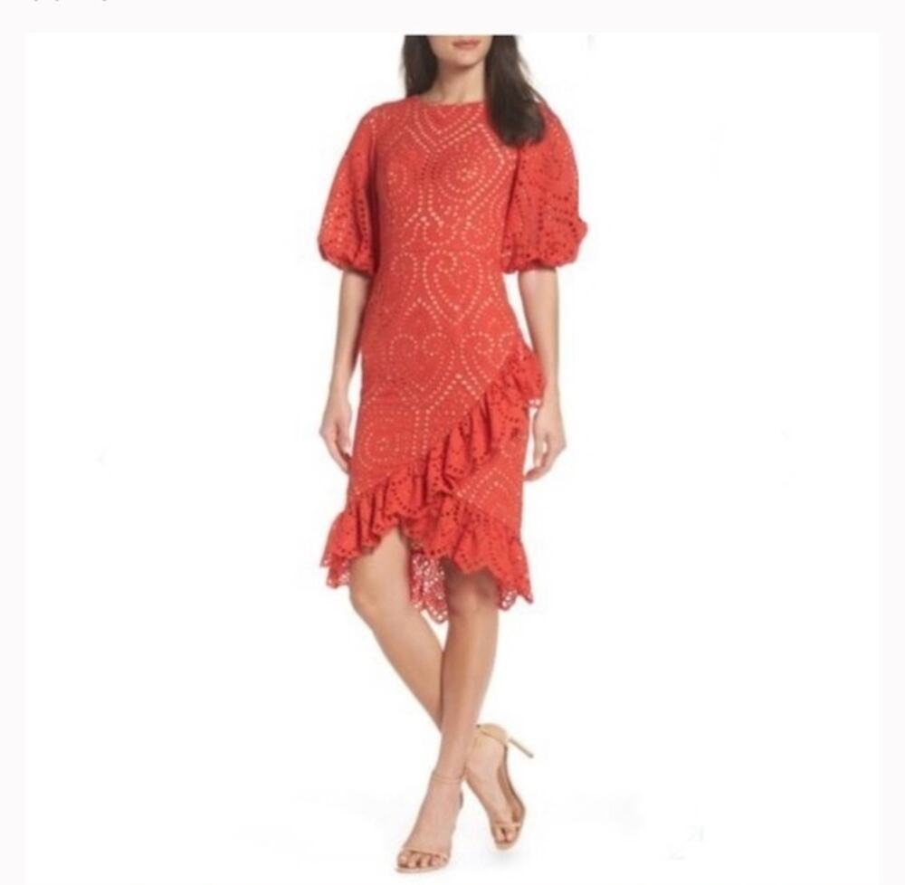 NWT Jarlo Anika Orange‎ Eyelet Cocktail Dress Puff Sleeve Ruffle Hem Sz 0